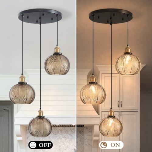 3 Light Vintage Amber Striped Glass Cluster Pendant Light