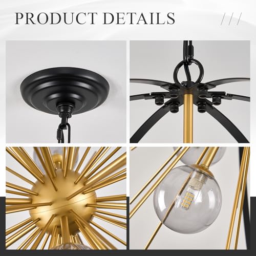 31" 12 Light Black Gold Sputnik Chandeliers with Smoke Glass Shade