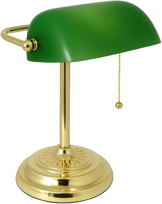 LIGHTACCENTS Traditional Banker’s Desk Lamp with Green Glass Shade and Brass Base – Classic Desk Lamp with Pull Chain, Office Lighting, Vintage Style Reading Light