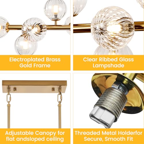 Gold Globe Chandelier Linear Rectangle Modern Chandelier Glass Pendant Light Fixture Adjustable for Dining Living Room Kitchen Island 55"