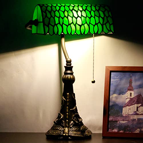 Tiffany Banker Lamp Small Stained Glass Table Lamp Green Wisteria Leaf