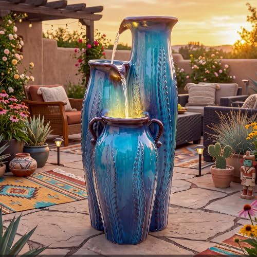 30" Ceramic Vase Water Fountain Outdoor with LED Lights