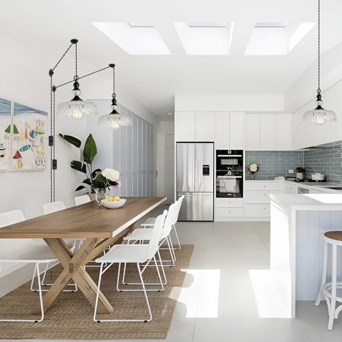 Plug in Glass Pendant Light Fixture Black Vintage Adjustable Chandelier Hanging Ceiling Light for Farmhouse Hallway Bedroom Foyer Kitcken Dining Room Island