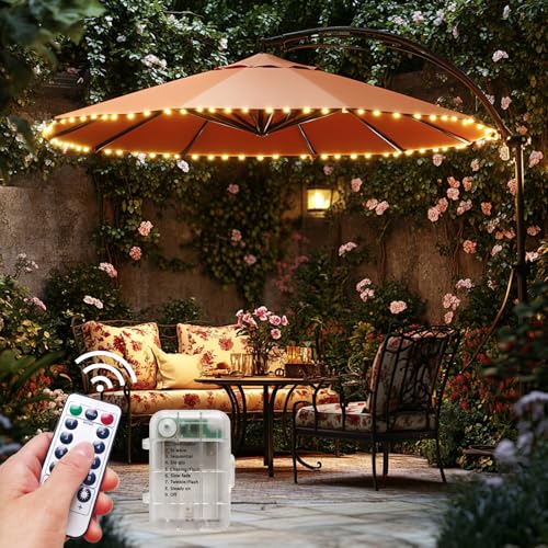 Patio Umbrella Lights Cordless LED Market Table Umbrella Lights with Remote Control Battery Operated Waterproof Parasol String Lights