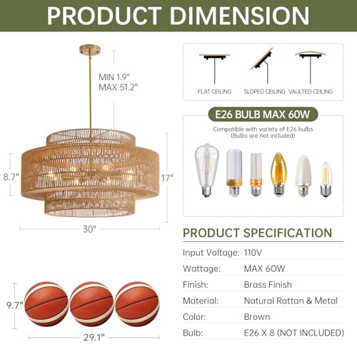 30" Rattan Chandelier for Dining Room
