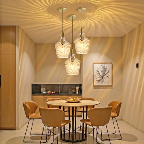 Stripes Amber Glass Pendant Light for Kitchen Island Gold 8 Inch 1 Pack