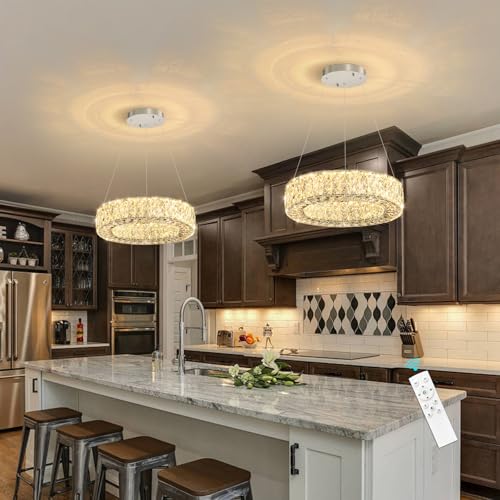 Modern Chandelier for Dining Room Dimmable LED Pendant Lights for Kitchen Island Lighting Silver Ring Crystal Chandeliers for Bedroom Entrance Living Room