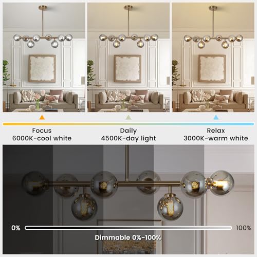 Sputnik Chandelier Gold Pendant Linear Light Modern Mid Century Light Fixture Grey Globe Shade for Dining Living Room Kitchen Island 8
