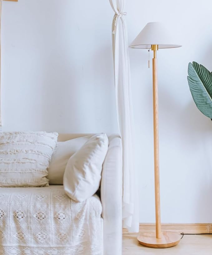 Wabi-sabi 59.1" Wooden Floor Lamp Linen Floor Lamp E26 Dimmable Tall Lamp with Zipper Switch Fabric Standing Light for Sofa Area Living Room Bedroom Study Tea Room