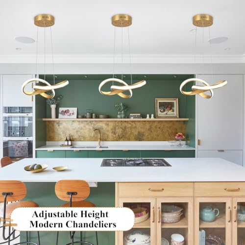 LED Chandelier Modern Pendant Light Fixture 2 Pack Simple Irregular Streamline Ring Light Gold with 4500K and 59" Height Adjustable Hanging Lamp for Kitchen Island Hallway Foyer Corridor