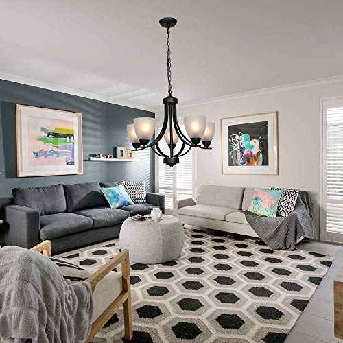 5 Light Shaded Contemporary Chandeliers with Alabaster Glass Black Rustic Light Fixtures Ceiling Hanging Mid Century Modern Pendant Lighting for Dining Room Foyer Bedroom Living Room