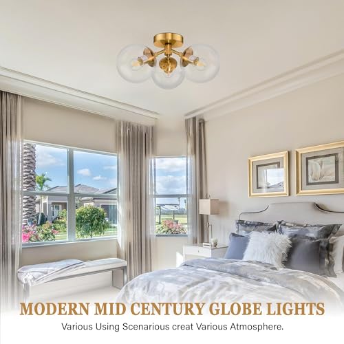 3 Light Modern Gold Semi Flush Mount Ceiling Lights Clear Glass Globe Ceiling Lights Mid Century Brass Chandelier Modern Sputnik Ceilings Light Fixture for Bedroom Hallway Entryway Living Room