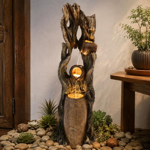 42.7" 3 Tier Outdoor Water Fountain LED Tree Trunk Jar Waterfall