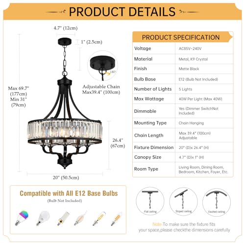 5 Light Black Crystal Chandelier (Black / 5-Light)