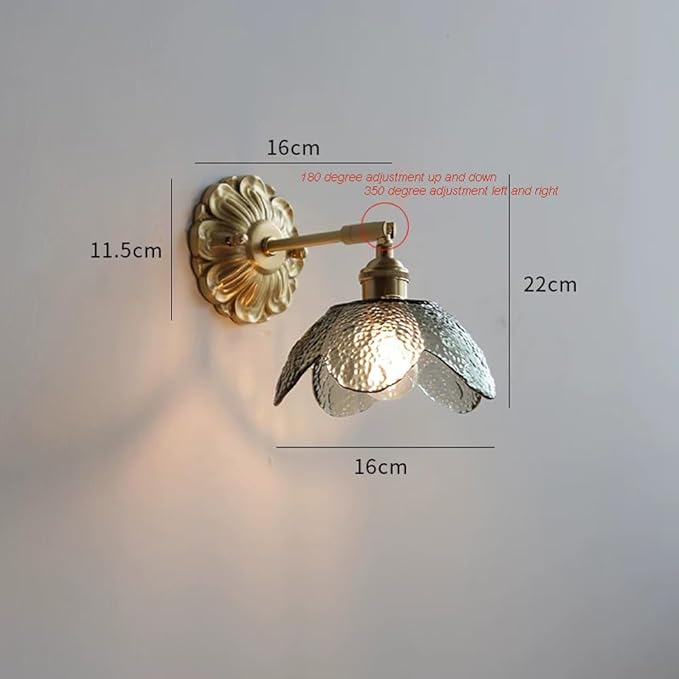 Modern Brass Wall Sconce Flower-Shaped Water Pattern Glass Wall Light Fixture Adjustable Bedside Wall Lamp, Japanese Style Wabi Sabi Polished Brass Wall Sconces for Bedroom Living Room