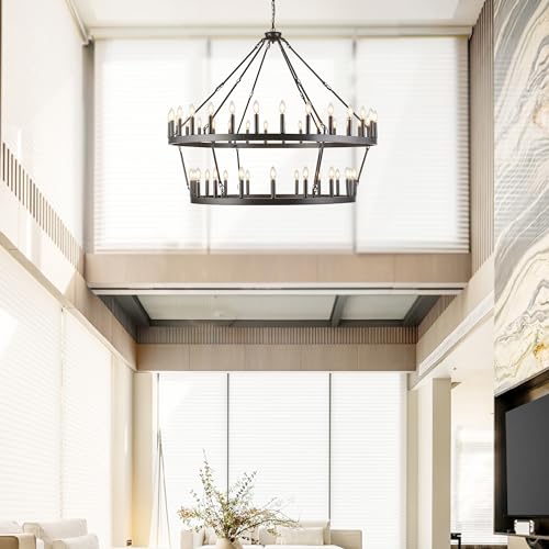 Rustic Farmhouse Wagon Wheel Chandelier Oil Rubbed Bronze Large Chandeliers for High Ceilings 2 Tier 48 Lights 55 Inch for Dining Room Living Room Foyer Porch Kitchen Island