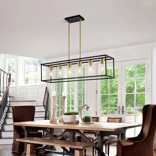 6 Lights Modern Dining Room Light Fixtures Over Table Black & Brushed Brass Gold Farmhouse Chandelier Rectangular Pendent Lighting for Kitchen with Glass Shade Long Linear Industry Hanging Light