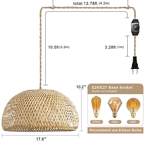 Bamboo Large Plug in Pendant Light with 14ft Handmade Woven Light Cord