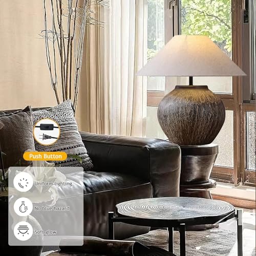 Rustic Farmhouse Table Lamp 20.8" Neutral Ceramic Table Lamp Brown White Checkered Ceramic with Linen Drum Shade Decor Bedside Nightstand for Living Room Bedroom