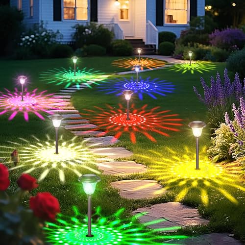 8 Pack Solar Pathway Lights White+Color Changing Stainless Steel 3 Mode Outdoor Multicolor Metal Solar Powered Waterproof Glass for Garden Landscape Path Yard Walkway Driveway Bronze (8 Count)