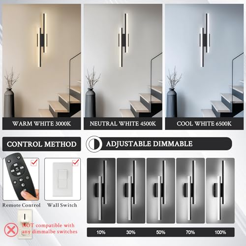 LED Wall Sconce Black Modern Remote Wall Light Fixtures for Living Room