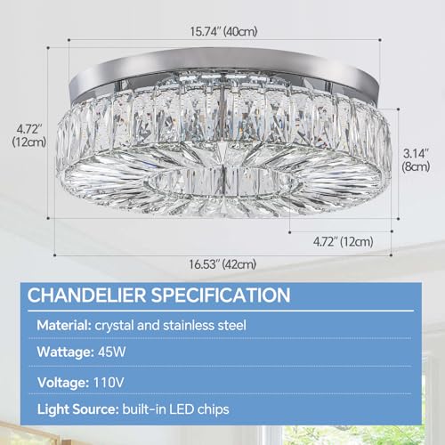 16.5" Crystal Chandelier LED Modern Flush Mount Ceiling Light Fixtures Round Ring Luxury Large Chandelier for Living Room Bedroom Dining Room Entrance