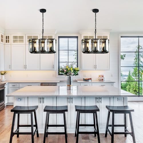Black Modern Crystal Chandeliers Rectangle Farmhouse Pendant Light Semi Flush Mount Ceiling Light Fixture for Bedroom Dining Room Kitchen Island Living Room Foyer Hallway