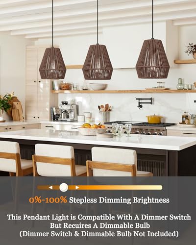 Woven Pendant Lights 7” Rustic Rattan Hanging Lamp Adjustable Handwoven Basket Shade Boho Pendant Light Fixtures for Kitchen Island Dining Room Bedroom Bar Foyer Hallway Japandi Dark Brown