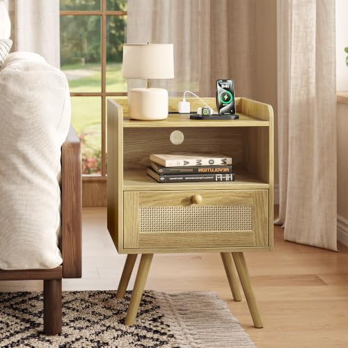 Nightstand with Charging Station & Rattan