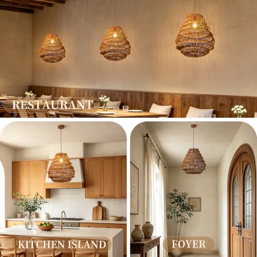 H-20.1" Hand-Woven Rattan Chandelier, Boho Layered Teardrop Pendant Light with Open-Weave Basket Shade, Natural Brown Wicker Pendant Lamp for Kitchen Island, Dining Room, Living Room, Bedroom