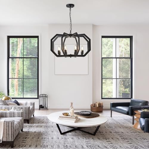 8 Black Light Farmhouse Chandelier Dining Room Light Fixture Geometric Modern Rustic Hanging Pendant Light for Living Room