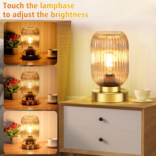 Mid Century Modern Table Lamp with Amber Ribbed Glass Shade