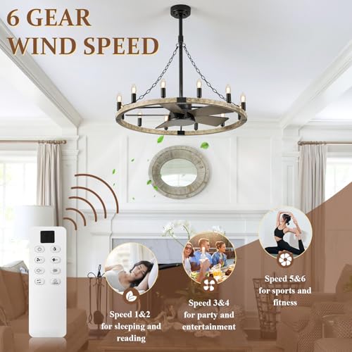 Rustic Wagon Wheel Chandelier with Fan Farmhouse Light Fixture with Fan 35"