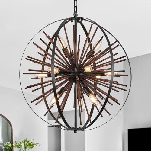 24" 12 Light Black Sputnik Chandelier Solid Wood Hanging Light