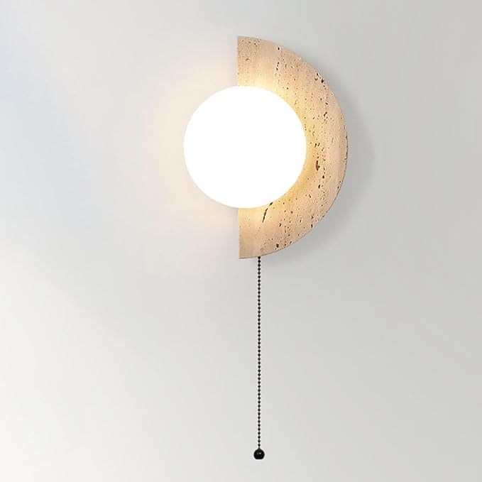 Semi Circle Yellow Travertine Wall Sconce, Wabi Sabi Marble Wall Light with Glass Lampshade and Pull Switch, Half Moon Natural Stone Wall Lamp for Bedroom Living Room Hallway(Right)