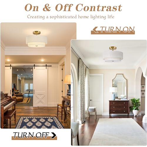 2 Light Semi Flush Mount Ceiling Light Fixture 12.6 Inch Modern Gold Drum Lights Fixture with 2