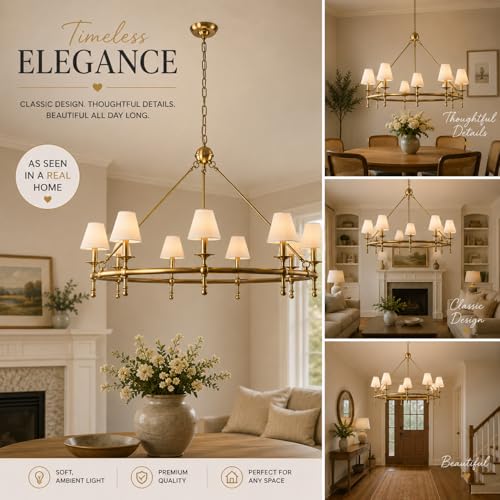 9 Lights W47 inch Vintage Brass and White Pleated Fabric Chandeliers for Dining Room Mid Century Modern Large Round Chandeliers Classic Wagon Wheel Pendant Light for Living Room