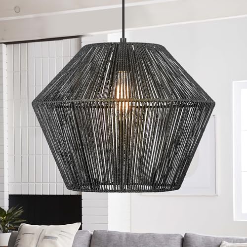 16.5” Large Modern Woven Chandelier Farmhouse Coastal Pendant Light Fixtures Matte Black Handwoven Rattan Basket Shade Boho Pendant Hanging Lamp for Kitchen Dining Room Bedroom Foyer Hallway