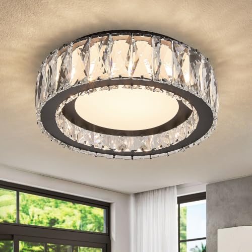 11 Inch Matte Black Crystal Flush Mount Ceiling Light Fixture