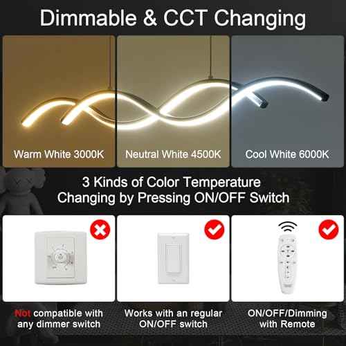 Modern LED Chandelier 31.49in Waving Linear Pendant Light Dimmable 3000K-6000K with Remote Control Hanging Island Light Fixture for Dining Room Living Room