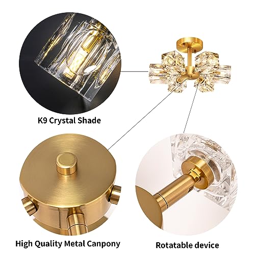 Semi Flush Mount Ceiling Light Fixture Modern 6 Lights Gold Crystal Chandelier