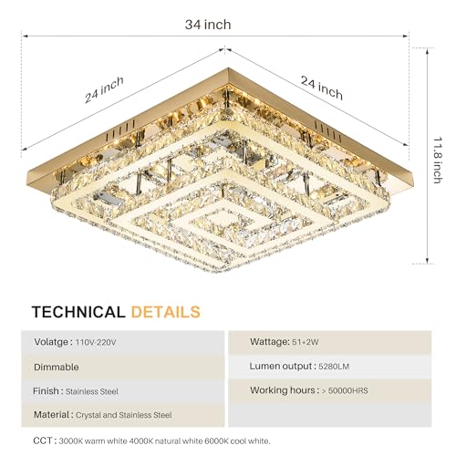 34 inch Gold Crystal Chandeliers LED Ceiling Light