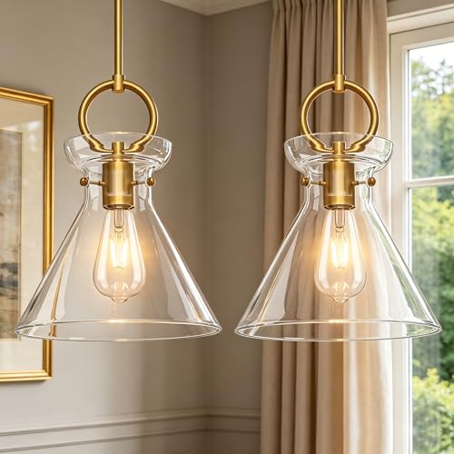 Gold Pendant Lights Kitchen Island with 9.84'' Clear Glass Shade (2 Count)