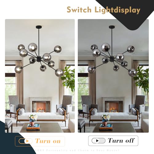 10 Lights Black Sputnik Chandelier Adjustable Modern Large Globe Pendant Hanging Light Mid Century Smoke Grey Glass Sputnik Lights Contemporary Chandelier Dining Room Light Fixtures Over Table