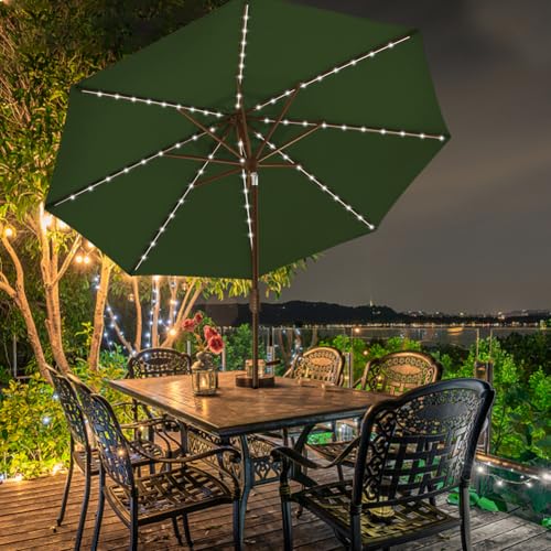 USA 10-Year-Non-Fading 9ft Market Patio Umbrella, Commercial Grade Table Sun Umbrella with 80 Solar LED Lights, Crank Open, Windproof & UPF 50+ UV Protection for Garden, Deck, Pool, Backyard, Fern