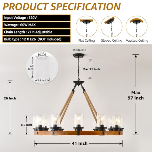 40" Wood Wagon Wheel Chandelier 12