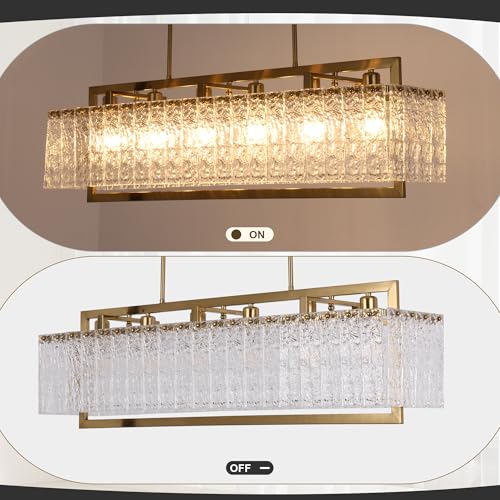 42" Gold Crystal Ripple Glass Rectangle Pendant Chandelier 6
