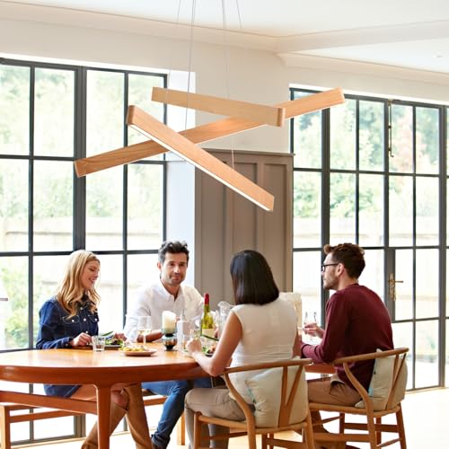3 Light Solid Wood Natural Linear Pendant Light Modern LED Pendant Light Dimmable Chandelier for Dining Room Table Kitchen Island Living Room Ceiling (3 Count)