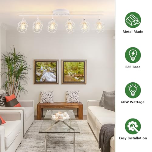 6 Lights White Semi Flush Mount Ceiling Light with Geometric Metal Cage