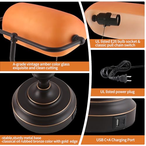 Bankers Desk Lamp with USB A and Type C Charging Port